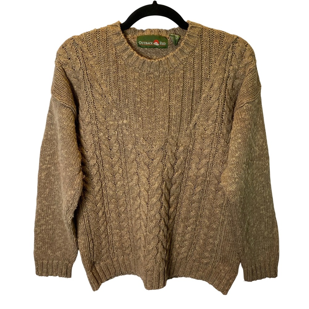 Outback Red Cable Knit Sweater Womens Medium Tan Cabincore Fisherman Vintage